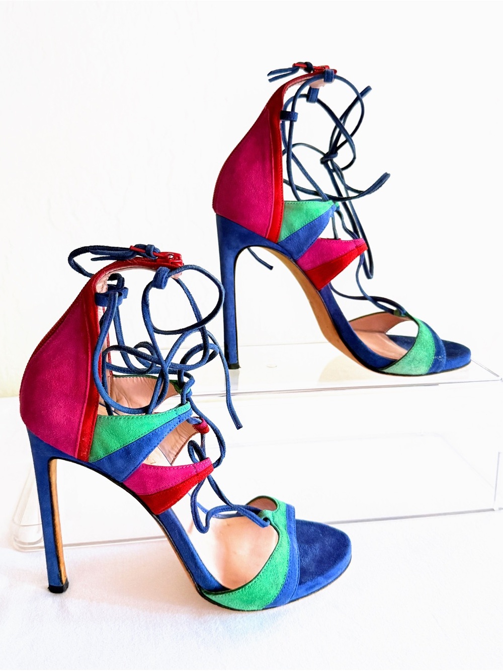 Stuart Weitzman Razzle Multicolor Suede Lace Up Stiletto Sandals Size 7 - Picture 2 of 16